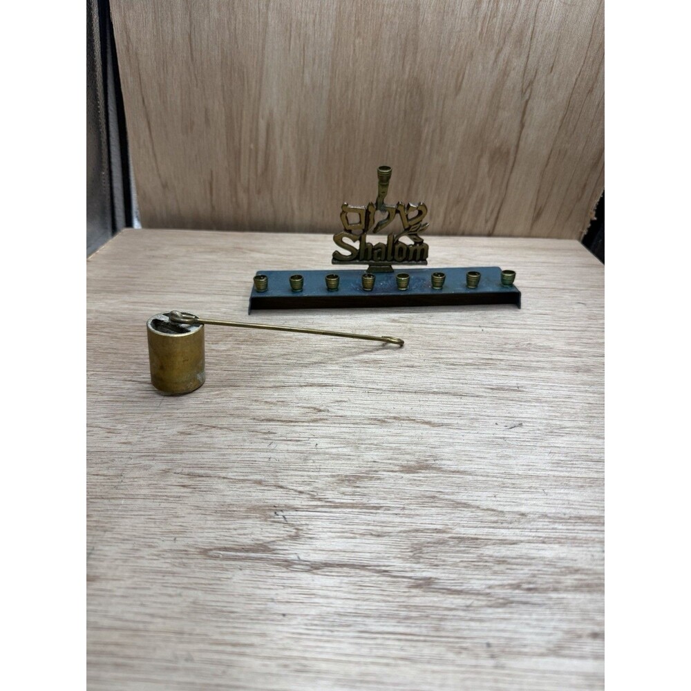 Vintage Brass Menorah Shalom Judaica Hanukkah Hebrew candleholder